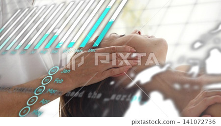 Receiving client reclining on cushioned table, therapist placing hands on neck, white top, overlays Receiving client reclining on cushioned table, therapist placing hands on neck, white top, overlays 141072736