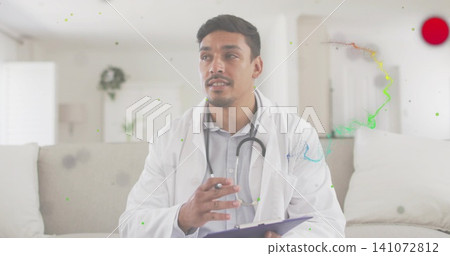 Talking doctor wearing lab coat and stethoscope, holding clipboard and pen on sofa with red mark 141072812
