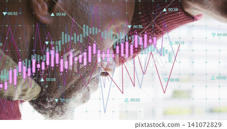 Studying investor in red sweater with glasses, leaning on hand at window, viewing market charts Studying investor in red sweater with glasses, leaning on hand at window, viewing market charts 141072829