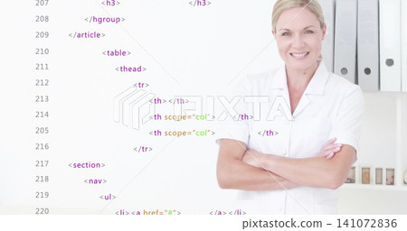 Smiling nurse in white tunic standing arms crossed in clinic, binders, jars, HTML code, copy space Smiling nurse in white tunic standing arms crossed in clinic, binders, jars, HTML code, copy space 141072836