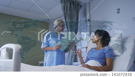 Nurse in blue-scrubs consulting patient in blue-tee in hospital ward, with green chart, IV hologram Nurse in blue-scrubs consulting patient in blue-tee in hospital ward, with green chart, IV hologram 141072838