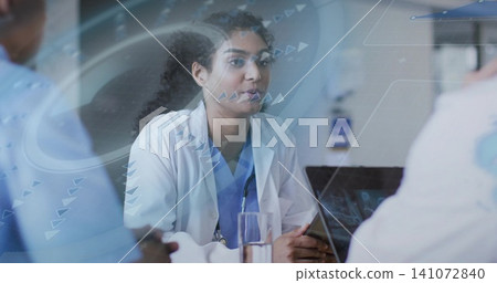 Leading clinician with stethoscope guiding case review with white coats team in clinic, with laptop Leading clinician with stethoscope guiding case review with white coats team in clinic, with laptop 141072840