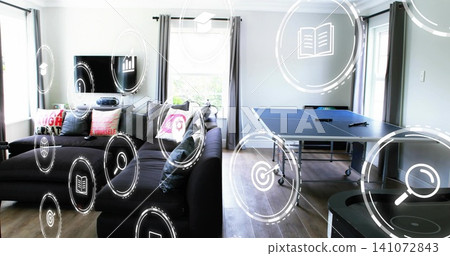 Showing black L-shaped sectional sofa occupying left of living room, ping pong table, HUD icons Showing black L-shaped sectional sofa occupying left of living room, ping pong table, HUD icons 141072843