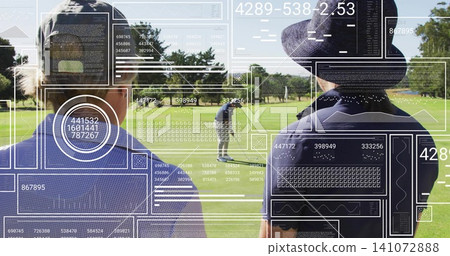 Watching two golfers wearing cap and sun hat with polos at golf course, flagstick, HUD overlays Watching two golfers wearing cap and sun hat with polos at golf course, flagstick, HUD overlays 141072888
