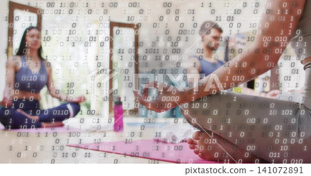 Sitting adult woman wearing athletic wear holding mudra on pink mat at yoga studio, binary overlay Sitting adult woman wearing athletic wear holding mudra on pink mat at yoga studio, binary overlay 141072891