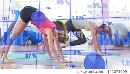 Three women in athletic wear flowing through plank-flow on yoga mats in studio with data overlay Three women in athletic wear flowing through plank-flow on yoga mats in studio with data overlay 141073009