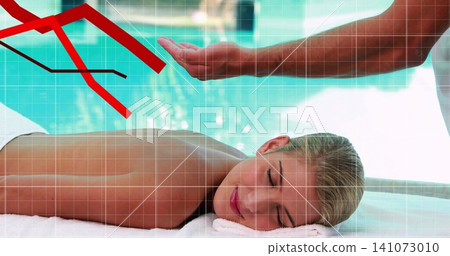 Receiving client lying on massage table at pool, with therapist in uniform and graphic overlays Receiving client lying on massage table at pool, with therapist in uniform and graphic overlays 141073010