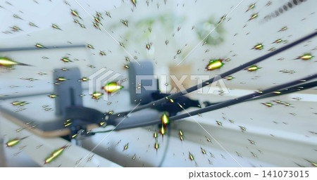 Showing cracked windshield, radial fractures inside car catching green glints, crossing wiper rods Showing cracked windshield, radial fractures inside car catching green glints, crossing wiper rods 141073015