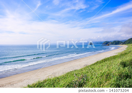 東海鹿兒島縣薩摩仙台市唐濱海灘的藍色大海和沙灘景色 東海鹿兒島縣薩摩仙台市唐濱海灘的藍色大海和沙灘景色 141073204
