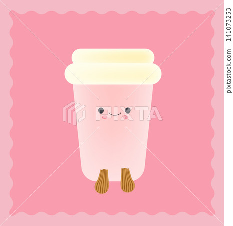 Cute cartoon take away coffee cup character on pink frame background Cute cartoon take away coffee cup character on pink frame background 141073253