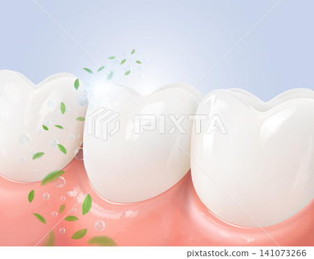 3D vector illustration of clean white teeth and healthy pink gums with fresh mint leaves and bubbles for dental care product design. 141073266