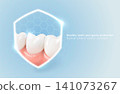 Teeth and gum protection concept with shield icon on blue background. Healthy dental care 3d vector illustration. 141073267