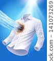 Powerful cleaning action brown coffee stain from a clean white shirt. Floating on a blue background with bubbles, symbolizing effective laundry detergent and deep cleaning power. Vector illustration. 141073269