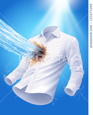 Powerful cleaning action brown coffee stain from a clean white shirt. Floating on a blue background with bubbles, symbolizing effective laundry detergent and deep cleaning power. Vector illustration. Powerful cleaning action brown coffee stain from a clean white shirt. Floating on a blue background with bubbles, symbolizing effective laundry detergent and deep cleaning power. Vector illustration. 141073269