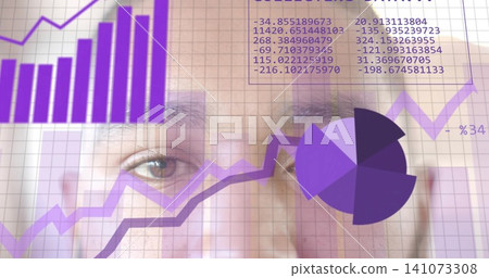Staring adult male face merging with purple charts on grid, showing bar, line, pie, numeric panel Staring adult male face merging with purple charts on grid, showing bar, line, pie, numeric panel 141073308