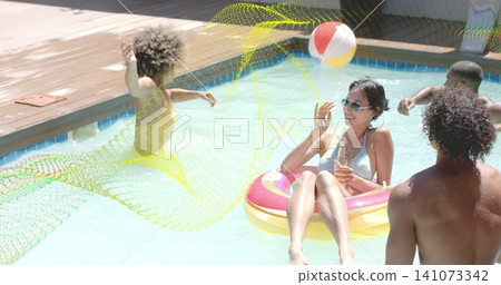 Floating woman in light bikini and sunglasses in pink-yellow donut at backyard pool, holding bottle Floating woman in light bikini and sunglasses in pink-yellow donut at backyard pool, holding bottle 141073342