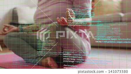 Holding pink-cased smartphone, woman in leggings sitting on red rug in living room, AR overlay Holding pink-cased smartphone, woman in leggings sitting on red rug in living room, AR overlay 141073380