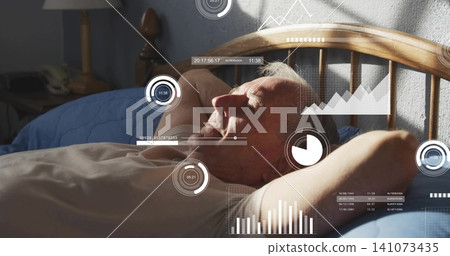 Lying senior man wearing light short-sleeve shirt, facing right on bed at home with HUD graphics Lying senior man wearing light short-sleeve shirt, facing right on bed at home with HUD graphics 141073435