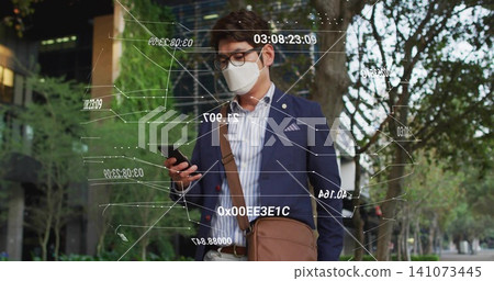 Walking mature Asian man checking smartphone on city path, wearing navy blazer, mask, AR overlays Walking mature Asian man checking smartphone on city path, wearing navy blazer, mask, AR overlays 141073445