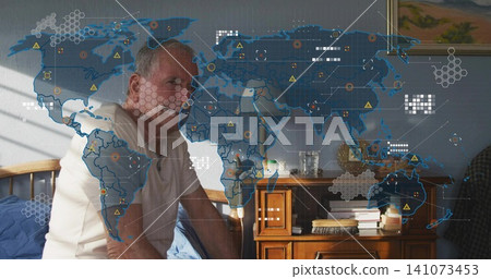 Sitting senior man in white T-shirt leaning forward on bed in bedroom, with HUD overlay 141073453