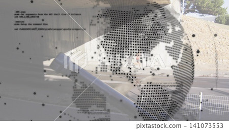 Displaying clear panel with dotted map, code at roadside, diagonal pole, man in light tee walking 141073553