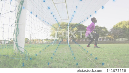 Crouching keeper wearing pink top and gloves near white post, green netting, blue grid, copy space Crouching keeper wearing pink top and gloves near white post, green netting, blue grid, copy space 141073556