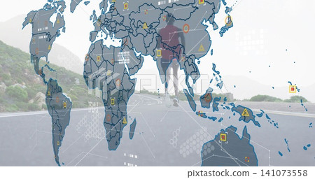 Running runner in red top and dark shorts moving along hilly paved road with map overlay Running runner in red top and dark shorts moving along hilly paved road with map overlay 141073558