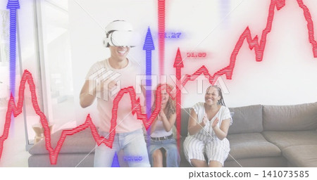 Gesturing man wearing white VR headset, pink shirt in living room, friends clapping with overlay Gesturing man wearing white VR headset, pink shirt in living room, friends clapping with overlay 141073585