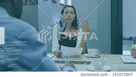 Speaking centered woman holding printed pages in glass room, wearing black top, white sleeves Speaking centered woman holding printed pages in glass room, wearing black top, white sleeves 141073607