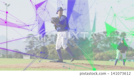 Pitching adult male in blue jersey and white pants on mound, holding glove with geometric overlay Pitching adult male in blue jersey and white pants on mound, holding glove with geometric overlay 141073612