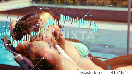 Reclining middle-aged couple wearing swimsuit and towel on pool chairs, displaying chart overlay Reclining middle-aged couple wearing swimsuit and towel on pool chairs, displaying chart overlay 141073644