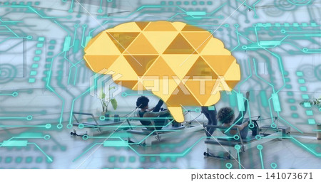 Placing large yellow brain graphic over pilates studio, women on reformers in activewear, circuitry Placing large yellow brain graphic over pilates studio, women on reformers in activewear, circuitry 141073671