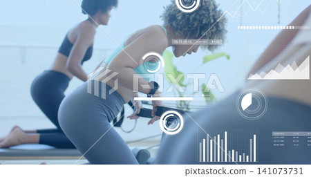 Leaning woman pulling reformer in Pilates studio, wearing sports bra and high-waist leggings, HUD Leaning woman pulling reformer in Pilates studio, wearing sports bra and high-waist leggings, HUD 141073731