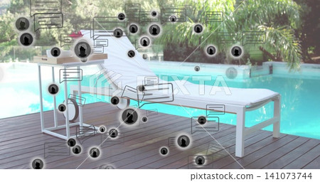 Casting reflections on teal pool at deck, white lounge chair with side table, graphic overlay icons Casting reflections on teal pool at deck, white lounge chair with side table, graphic overlay icons 141073744