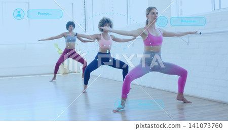 Holding wide-legged squat woman in pink sports bra and gradient leggings at studio with AR overlays Holding wide-legged squat woman in pink sports bra and gradient leggings at studio with AR overlays 141073760
