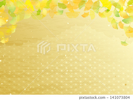 Vibrantly gradient ginkgo leaves and Japanese pattern illustrations 141073804
