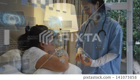 Sipping glass, woman lying bed, nurse in scrubs with stethoscope preparing syringe, HUD, copy space Sipping glass, woman lying bed, nurse in scrubs with stethoscope preparing syringe, HUD, copy space 141073858