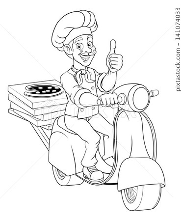 Pizza Delivery Chef on Scooter Line Art 141074033
