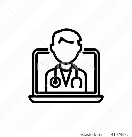 Telemedicine, conference with a doctor, doctor with stethoscope on screen of laptop. Online consultation. Thin line icon. Non-contact diagnostics. Vector illustration. Telemedicine, conference with a doctor, doctor with stethoscope on screen of laptop. Online consultation. Thin line icon. Non-contact diagnostics. Vector illustration. 141074082