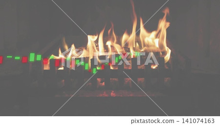 Roaring fireplace showing grate with glowing embers, orange flames, green or red candlestick chart Roaring fireplace showing grate with glowing embers, orange flames, green or red candlestick chart 141074163