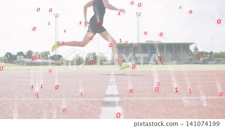 Sprinting male in black-singlet and shorts clearing lane on track with neon shoes, binary overlay Sprinting male in black-singlet and shorts clearing lane on track with neon shoes, binary overlay 141074199
