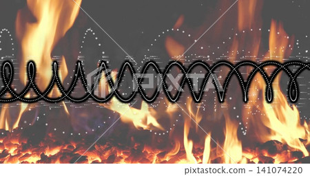 Glowing band of coals and flames flickering in hearth, black ribbon with white dotted highlights Glowing band of coals and flames flickering in hearth, black ribbon with white dotted highlights 141074220