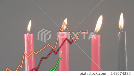 Burning four wax candles showing lit flames, wax drips on studio tabletop, orange red green graphs Burning four wax candles showing lit flames, wax drips on studio tabletop, orange red green graphs 141074223