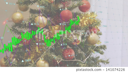 Displaying decorated evergreen tree in room, showing red gold baubles, tinsel, financial overlay Displaying decorated evergreen tree in room, showing red gold baubles, tinsel, financial overlay 141074226