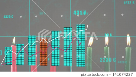 Blending row of lit taper candles with overlaid financial chart on table, featuring turquoise bars Blending row of lit taper candles with overlaid financial chart on table, featuring turquoise bars 141074227
