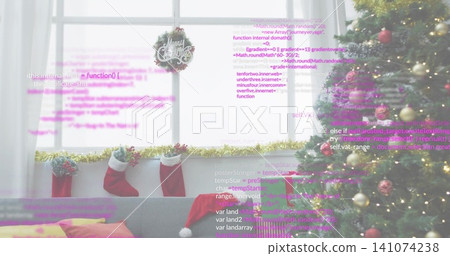 Glowing Xmas tree filling right pane sofa Santa hat Merry Christmas wreath code overlay, copy space Glowing Xmas tree filling right pane sofa Santa hat Merry Christmas wreath code overlay, copy space 141074238