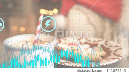 Showing paper cup with cream, red-white straw, cookies at home table, cyan overlay and red sweater Showing paper cup with cream, red-white straw, cookies at home table, cyan overlay and red sweater 141074243