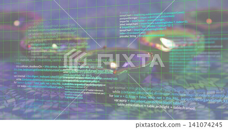 Displaying green grid centering over pebble shoreline, showing floating JavaScript code blocks Displaying green grid centering over pebble shoreline, showing floating JavaScript code blocks 141074245