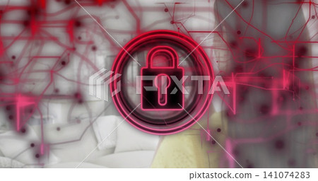 Glowing neon pink padlock overlaying home sofa, showing magenta circuitry and yellow knit Glowing neon pink padlock overlaying home sofa, showing magenta circuitry and yellow knit 141074283