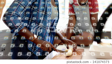 Cutting woman plaid-shirt slicing peeled banana on cutting board at kitchen counter, knife, overlay Cutting woman plaid-shirt slicing peeled banana on cutting board at kitchen counter, knife, overlay 141074373
